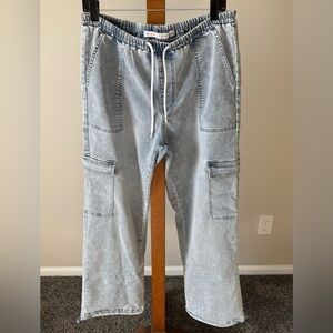 Tinseltown Wide-Leg Cozy Cargo Drawstring Jeans Light Blue Size Medium